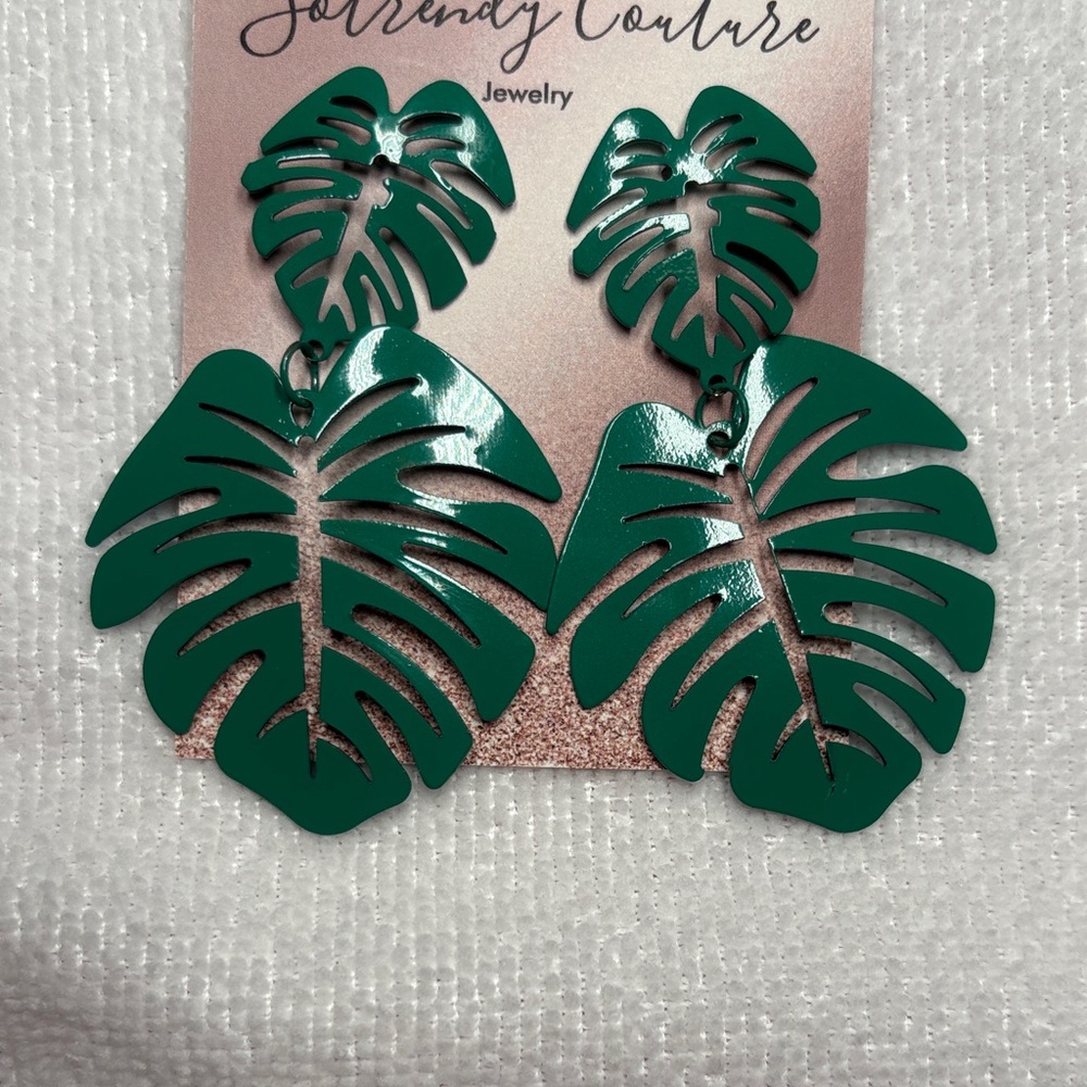 Teal Green Leaf Statement Earrings